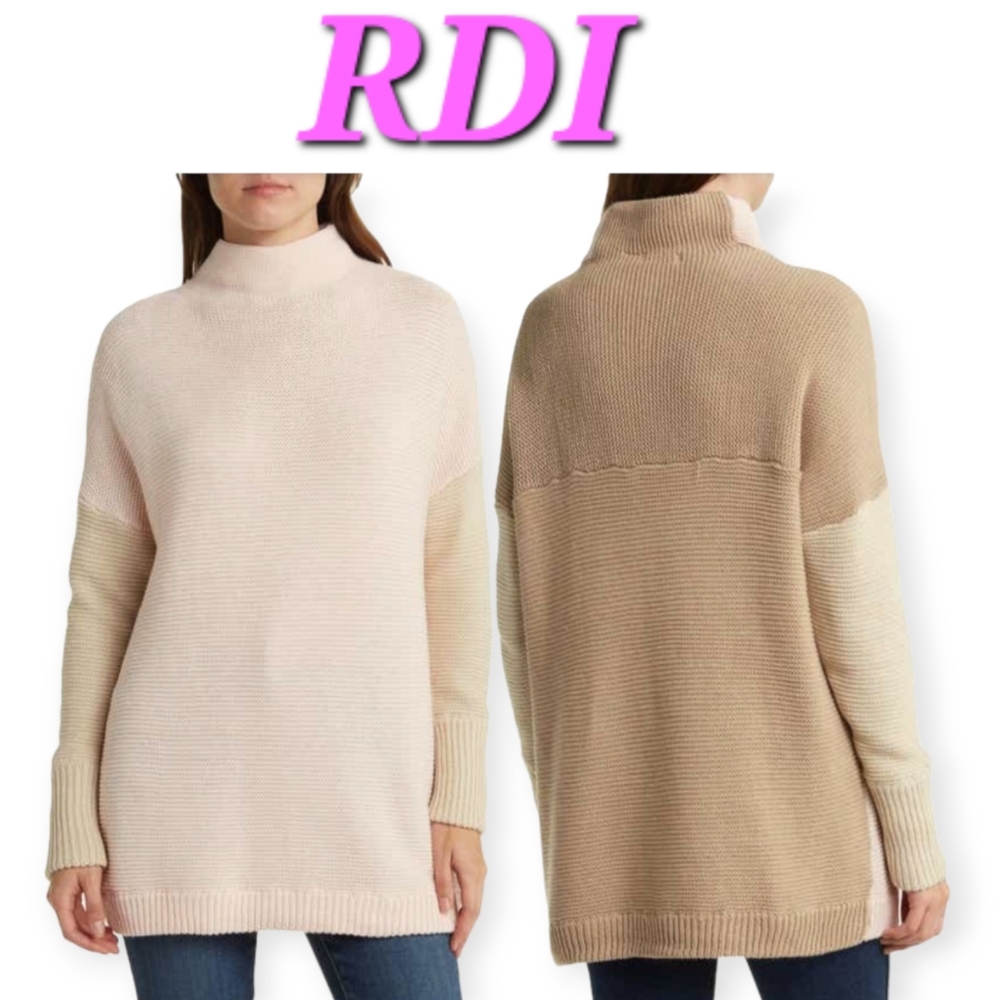 RDI Colorblock Ottoman Mock Neck Tunic Sweater Ribbed knit XL